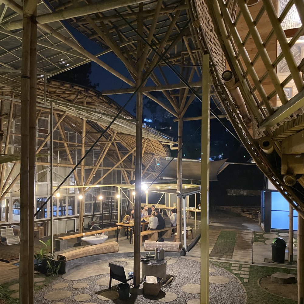 The semi-outdoor grilling area at night